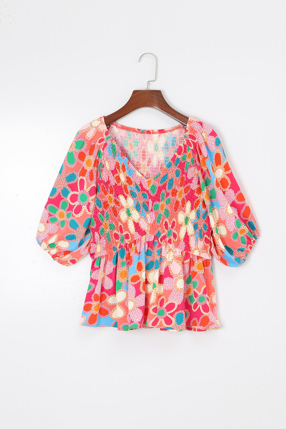 Purple Boho Flower Print Puff Short Sleeve Top