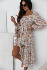 Multicolor Floral Smocked Long Sleeve Pocketed Dress