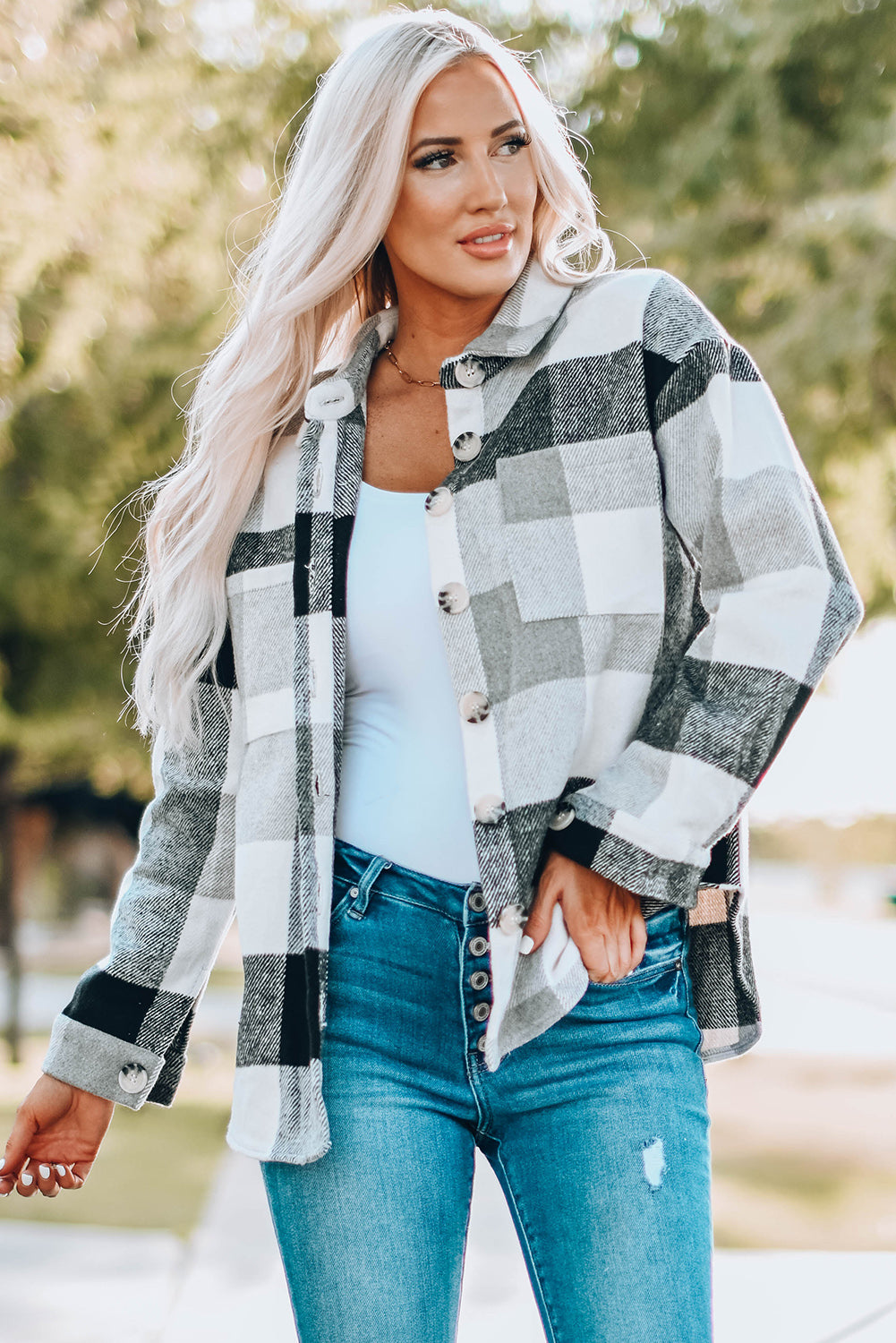 Gray Plus Size Checkered Button-Up Shacket