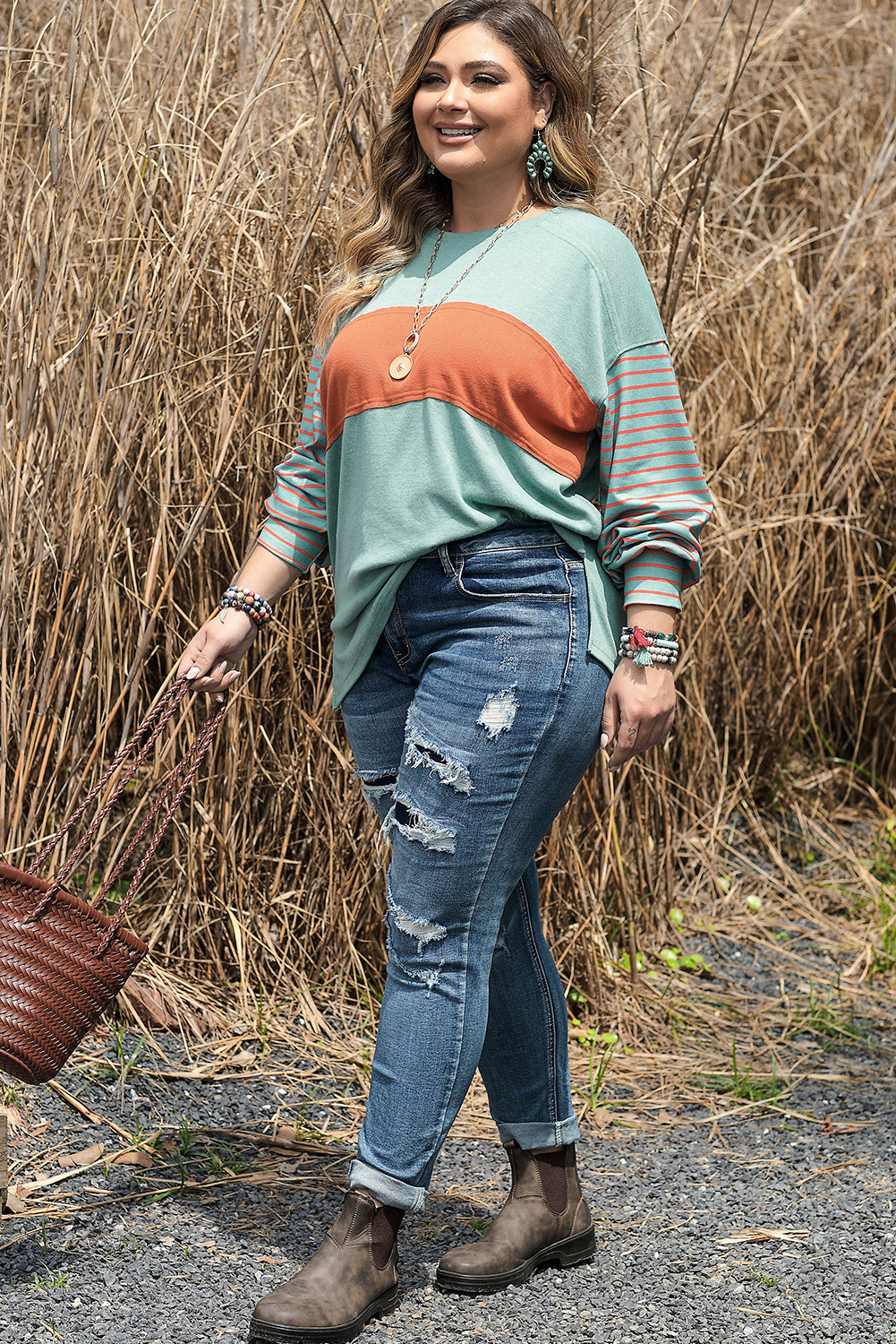 Green Colorblock Striped Bishop Sleeve Top