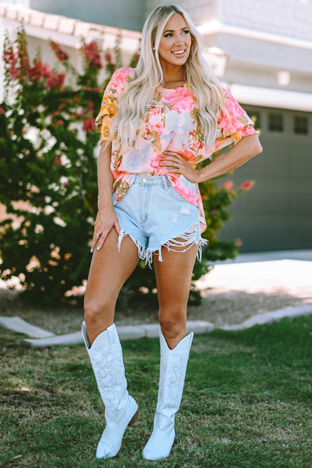 Pink Notched Neck Ruffle Floral Dress