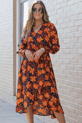 Orange Floral Print Faux Wrap Belted Dress