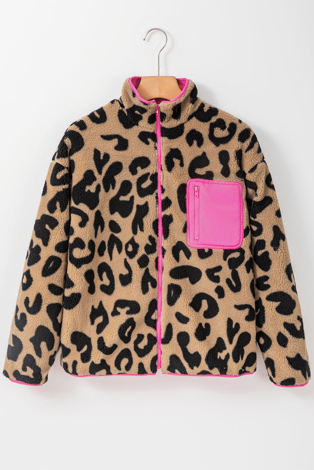 Leopard Plus Size Color Block Chest Pocket Sherpa Jacket