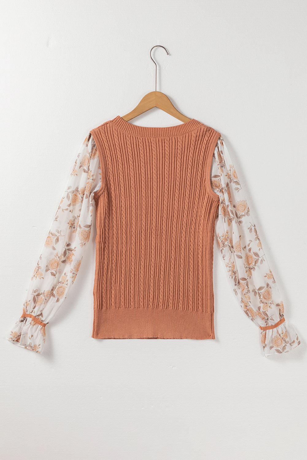 Golden Fleece Floral Patchwork Ruffled Cuff Cable Knit Sweater