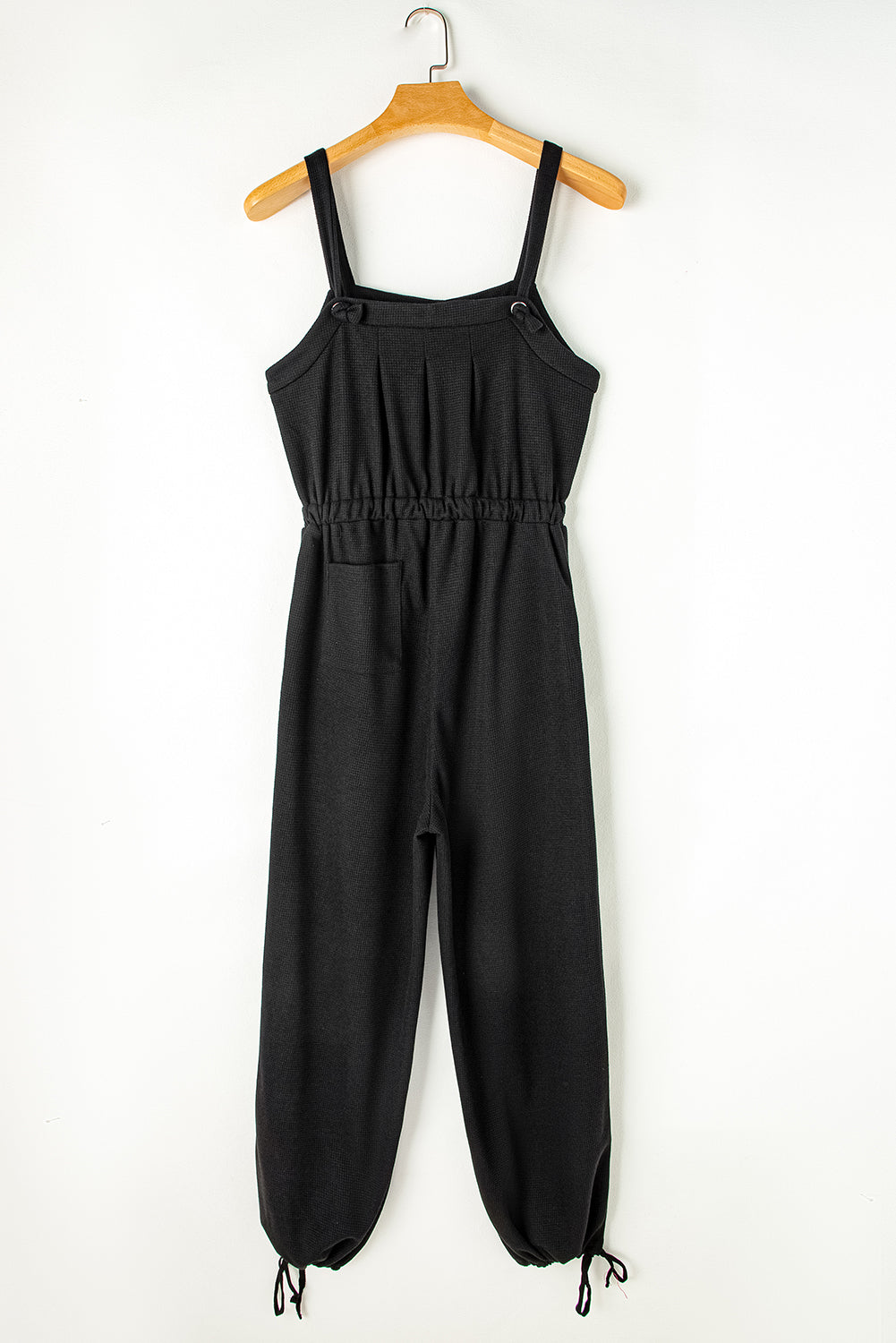 Black Knotted Straps Button Textured Drawstring Jumpsuit