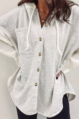 Gray Button Up Contrast Knitted Sleeves Hooded Jacket