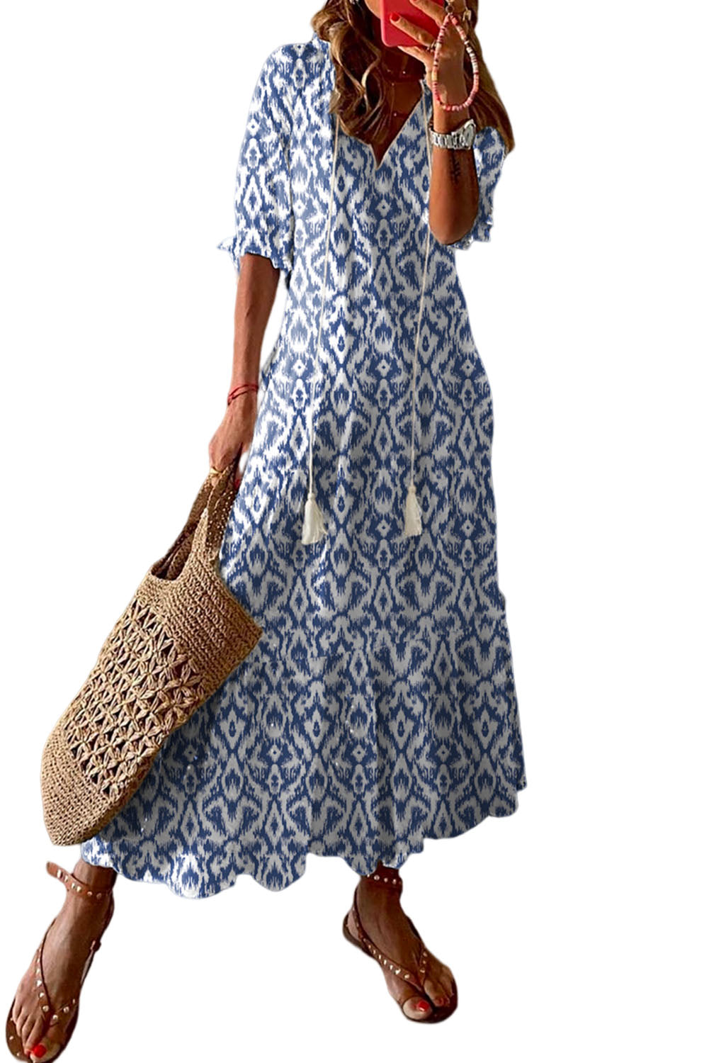 Sky Blue V Neck Casual Geometric Print Maxi Dress