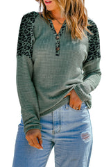 Mist Green Leopard Patchwork Textured Knit Plus Size Henley Top