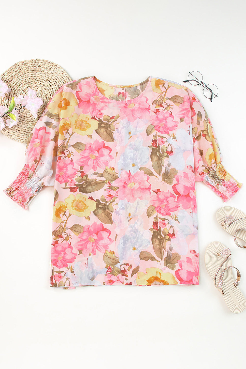 Pink Notched Neck Ruffle Floral Dress