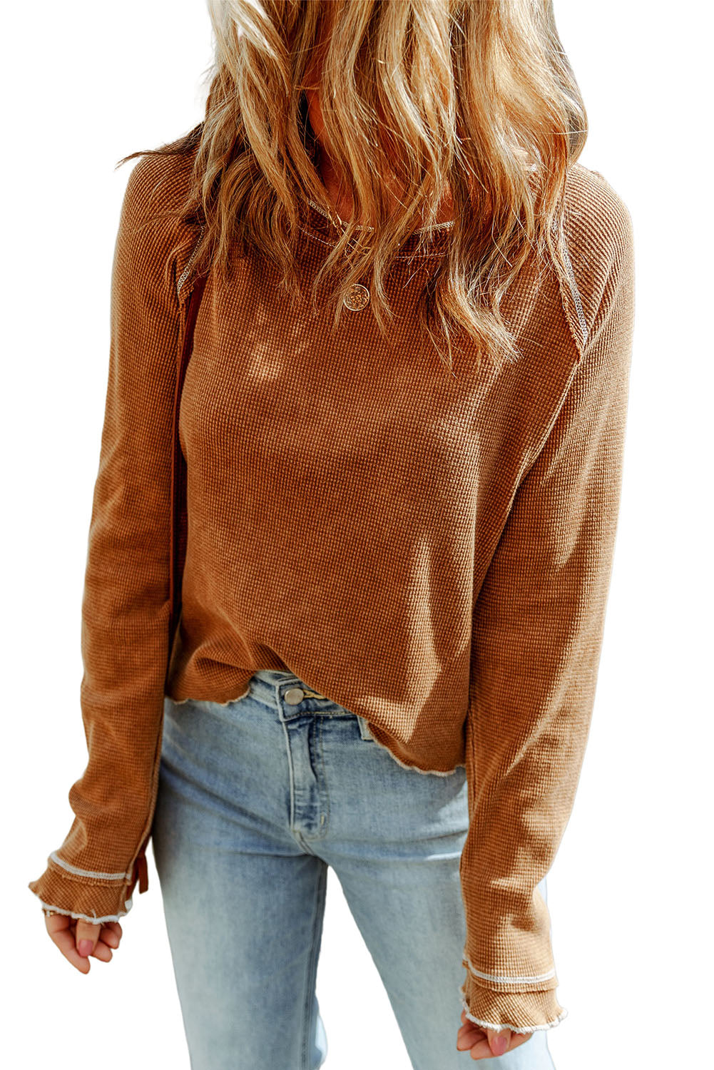 Fiery Red Textured Round Neck Long Sleeve Top