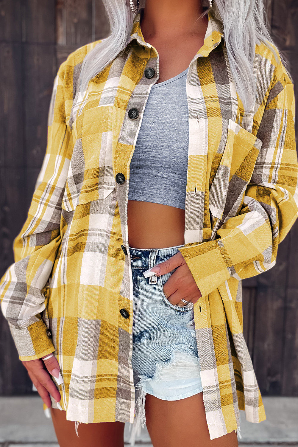 Green Printed Plus Size Chest Pocket Plaid Shirt