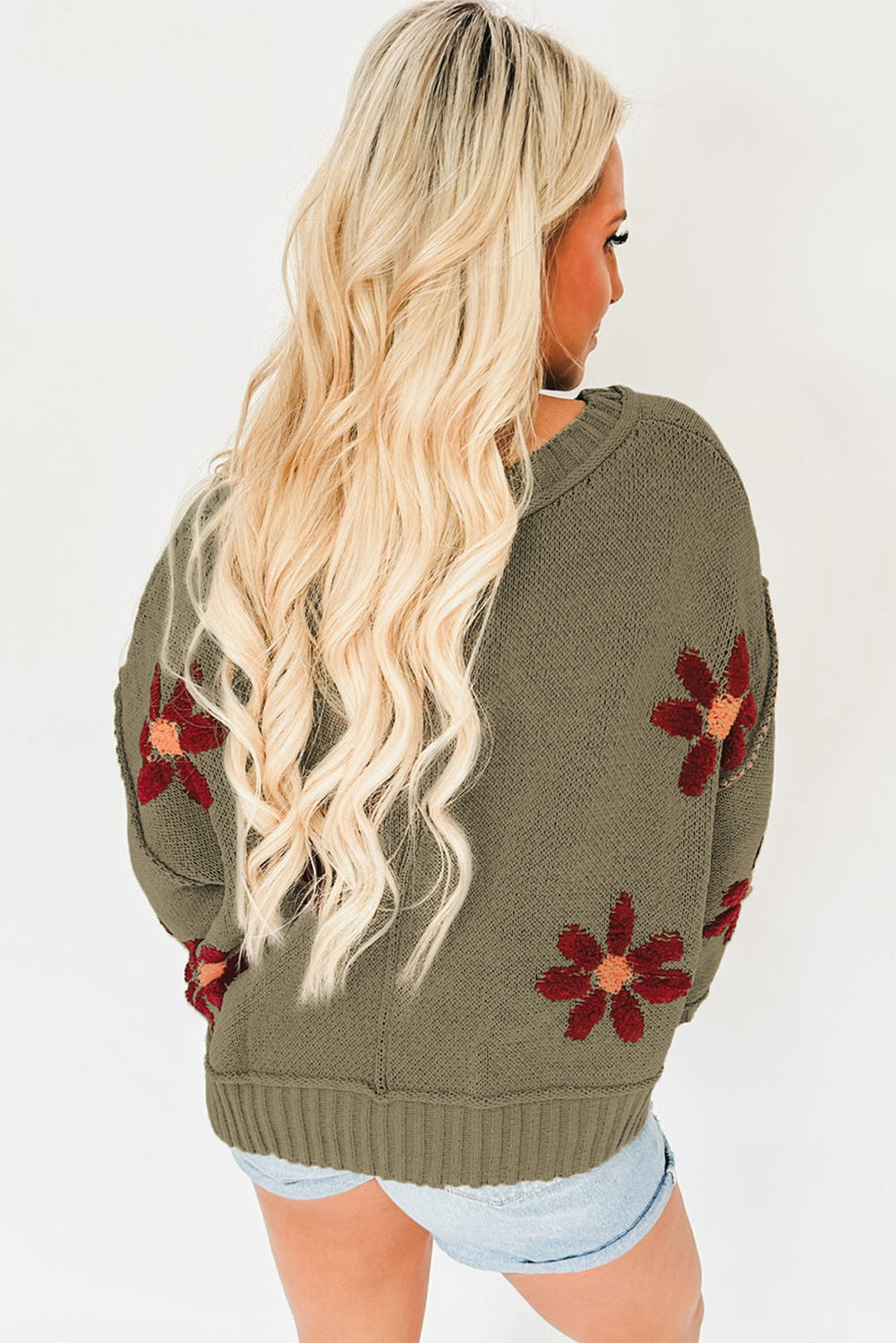 Sage Green Flower Knit Ribbed Trim V Neck Sweater