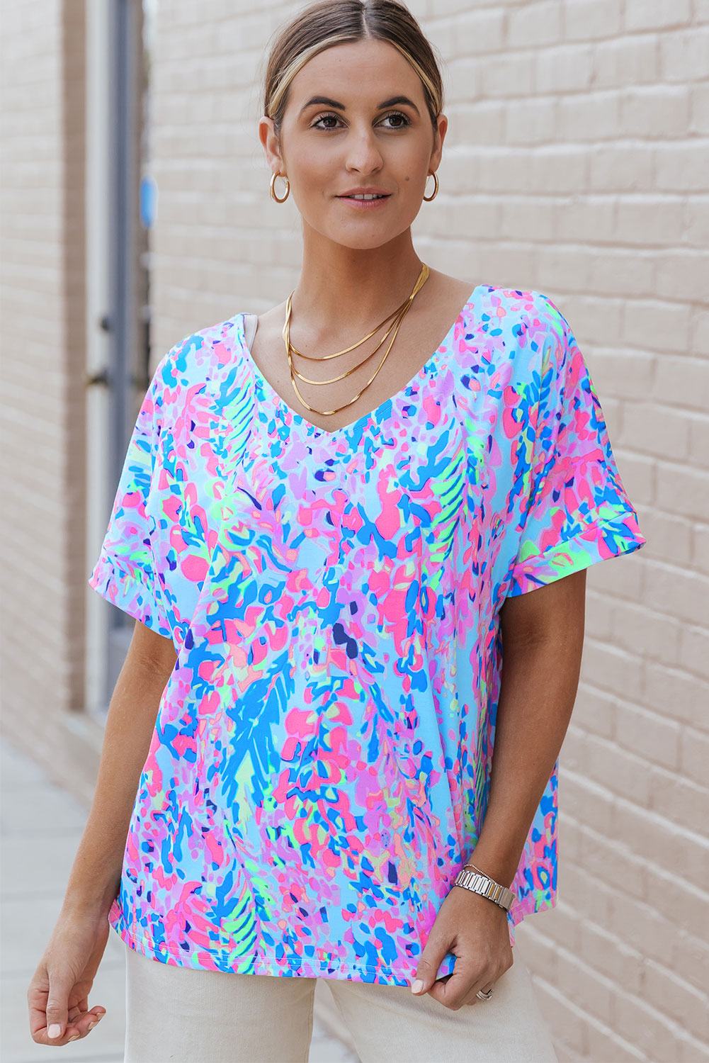 Sky Blue Floral Long Sleeve Top and Drawstring Shorts Set