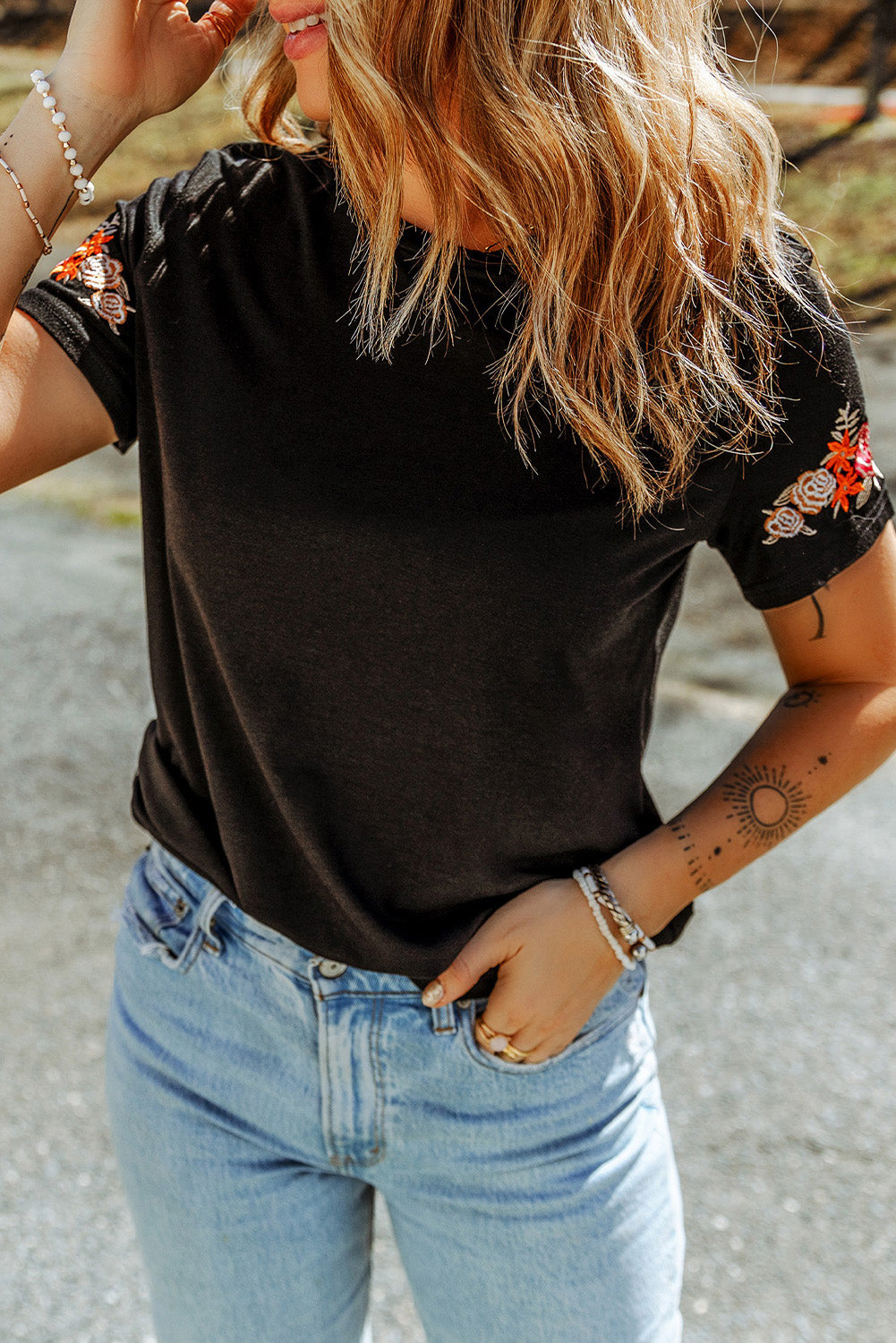 Black Floral Embroidered Round Neck Short Sleeve T Shirt