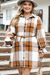 Khaki Plus Size Plaid Flounce Sleeve Button up Shirt Dress