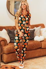 Orange Halloween Pattern Short Sleeve Shirt Pajama Set