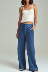 Sail Blue Drawstring High Waist Wide Leg Pocketed Sweatpants