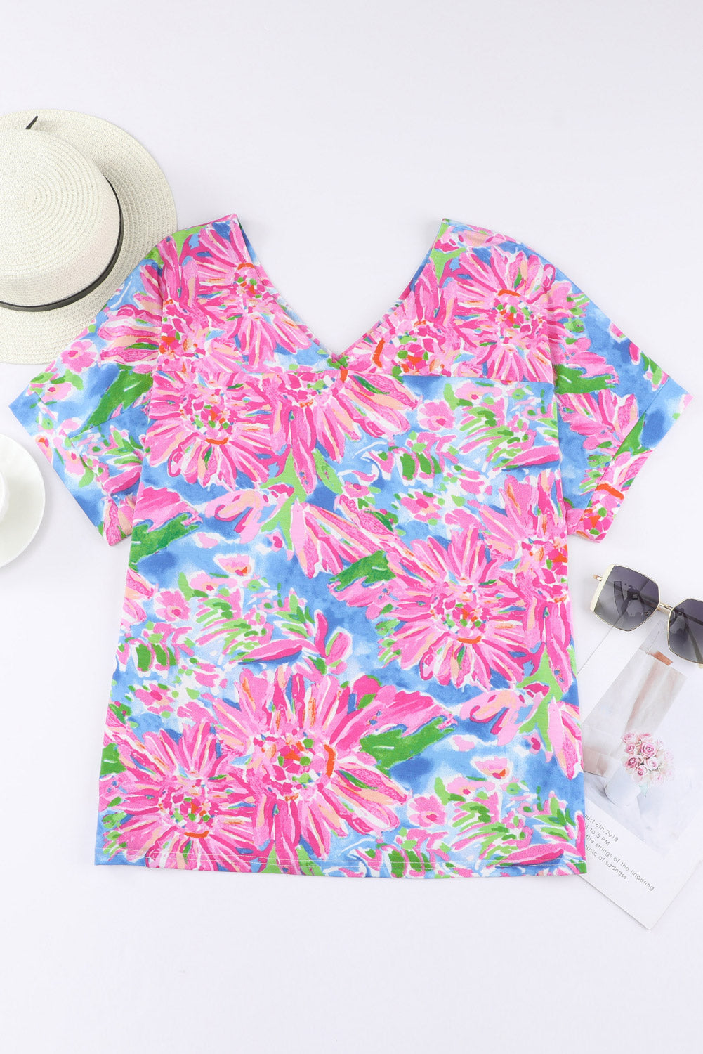 Pink Floral Print Loose Fit V Neck T Shirt