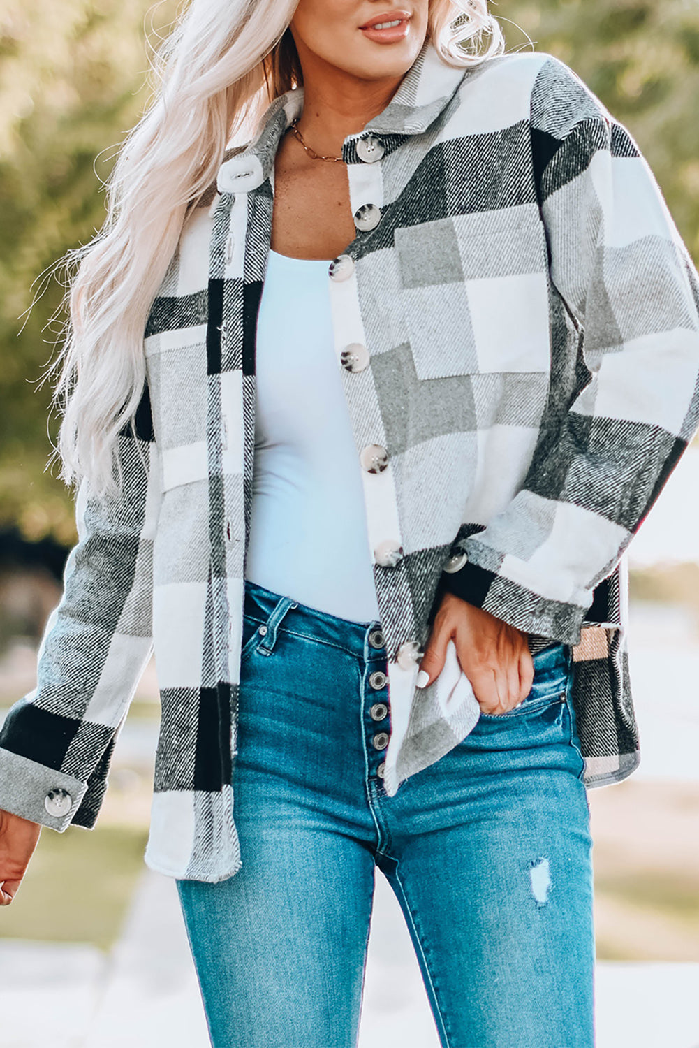 Gray Plus Size Checkered Button-Up Shacket