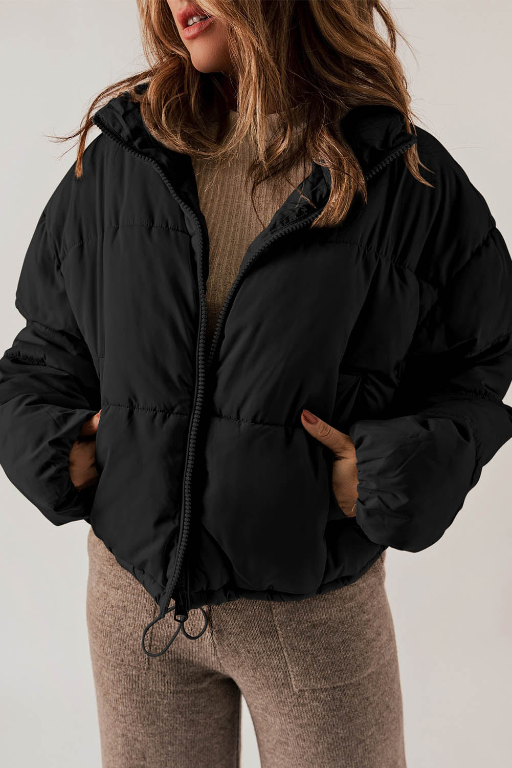 Apricot Zip Up Drawstring Hem Puffer Coat