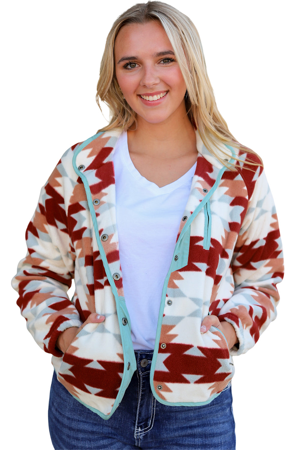 Fiery Red Geometric Aztec Pattern Plus Size Fleece Jacket