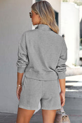 Gray Casual High Neck Henley Top and Short Outfit