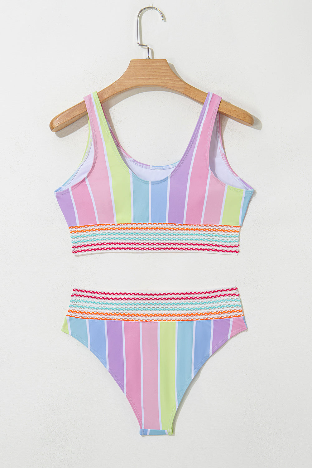 Pink Chevron Hollowed Trim 2pcs Rainbow Stripe Bikini Swimsuit