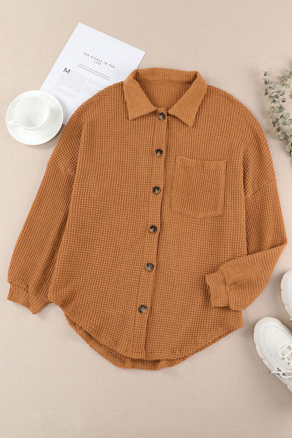 Black Plus Size Chest Pocket Waffle Knit Shirt