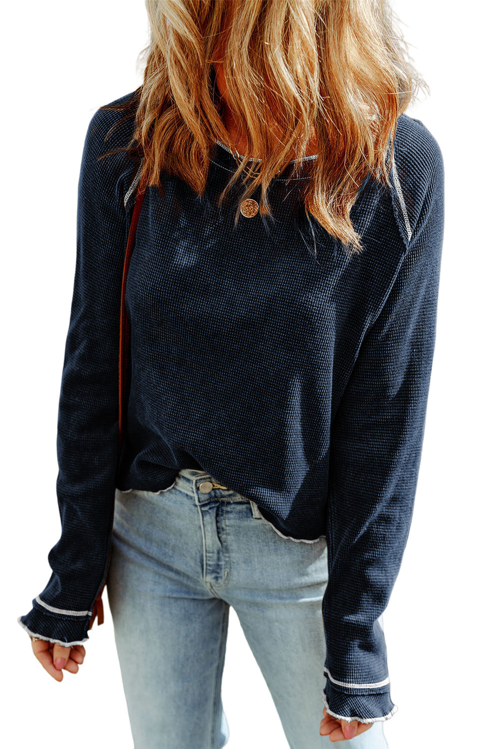 Fiery Red Textured Round Neck Long Sleeve Top