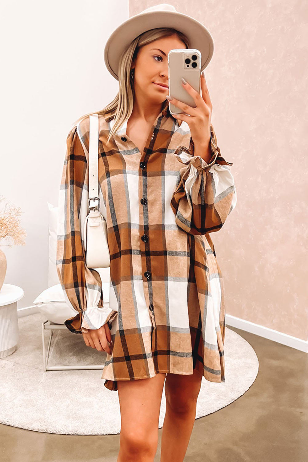 Khaki Plus Size Plaid Flounce Sleeve Button up Shirt Dress