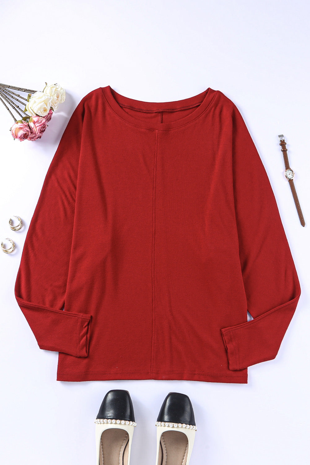 Red Dahlia Piping Detail Plus Size Long Sleeve Top