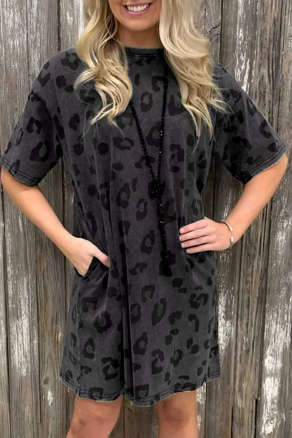 Gray Leopard Pocketed Puff Sleeve Mini Dress